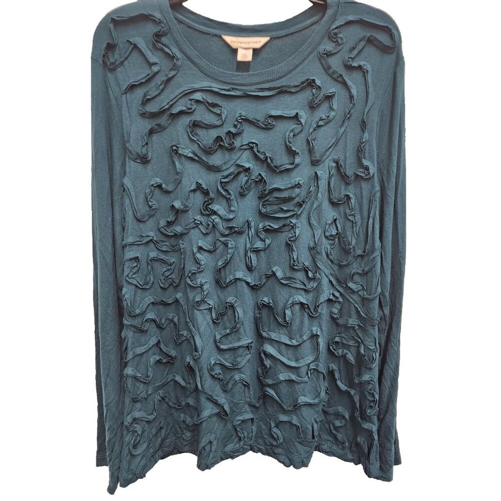 Christopher & Banks Tunic Top‎ Womens XL Teal Long Sleeve Wavy Ruffle Casual